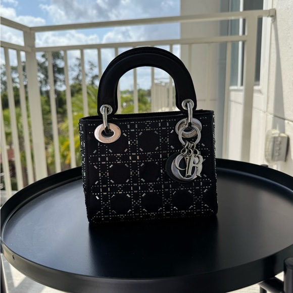 Dior Handbags - Lady Dior Bag Crystal Embellished Cannage Quilt Satin Mini *AUTHENTICATED*